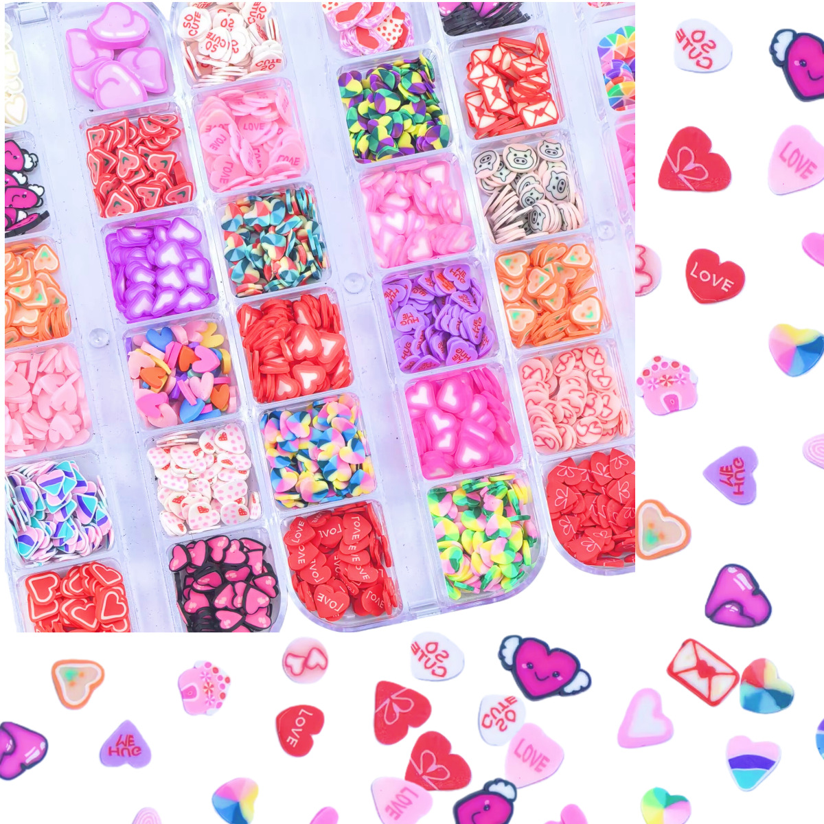 12-Grid Mixed Color Heart Shape Polymer Clay Slices for Nail Art Decoration